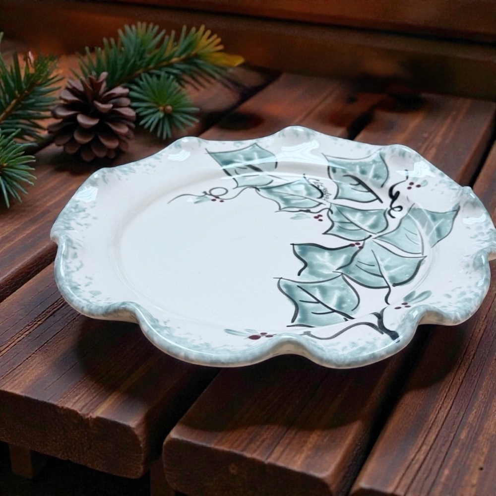 Vintage Ellis Pottery Holly Plate Texas Handmade Stoneware Hand-Painted Pottery